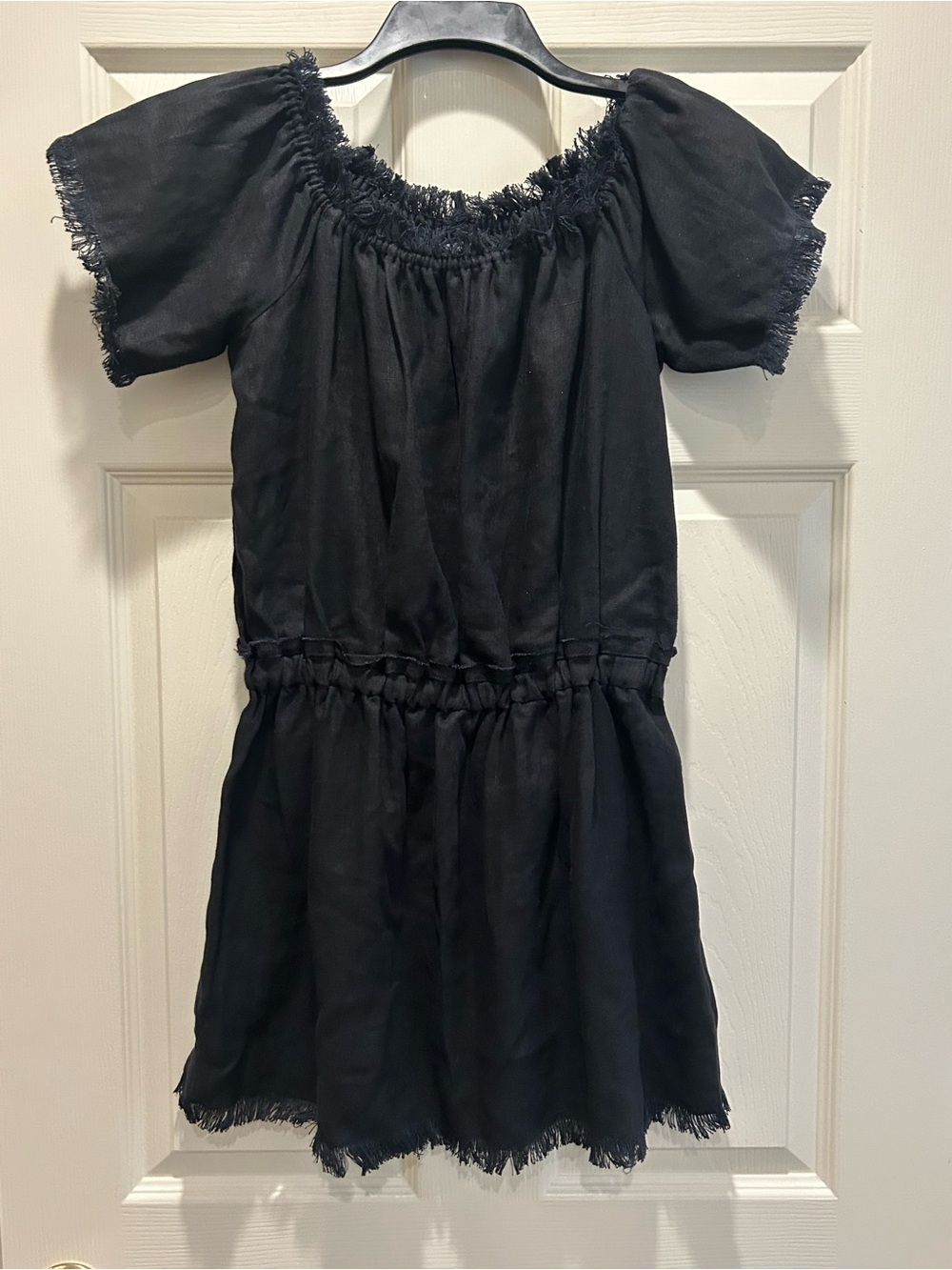 Steele. Black Linen Smocked Mini Dress with Frayed Trim
